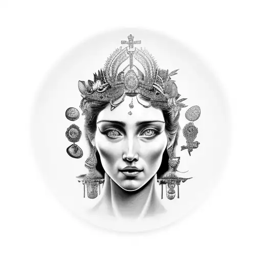 A portrait tattoo of the goddess Aphrodite emerging from a clamshell tattoo design idea