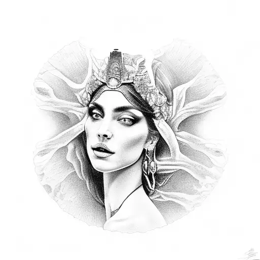A portrait tattoo of the goddess Aphrodite emerging from a clamshell tattoo design idea