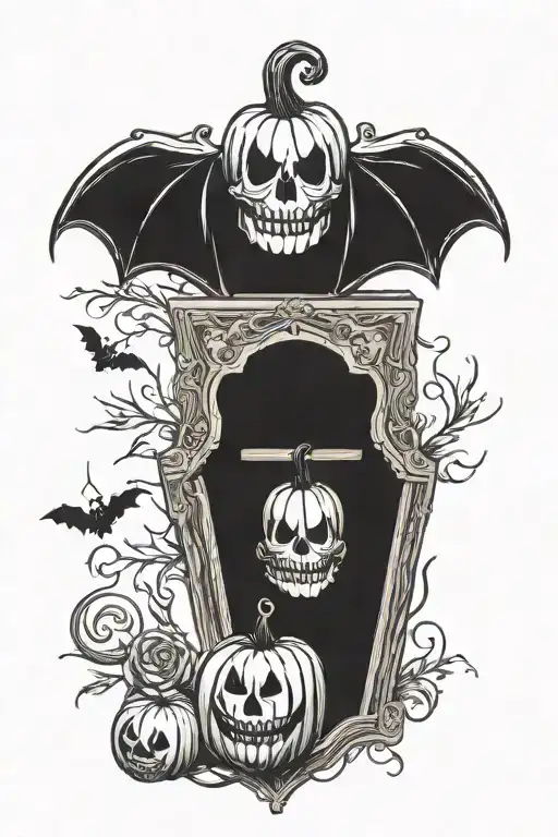 vintage Halloween tattoo with a pumpkin in a coffin, small Aurelio Voltaire key in the tattoo tattoo design idea