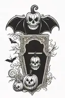 vintage Halloween tattoo with a pumpkin in a coffin, small Aurelio Voltaire key in the tattoo tattoo design idea