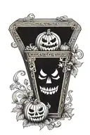 vintage Halloween tattoo with a pumpkin in a coffin, small Aurelio Voltaire key in the tattoo tattoo design idea