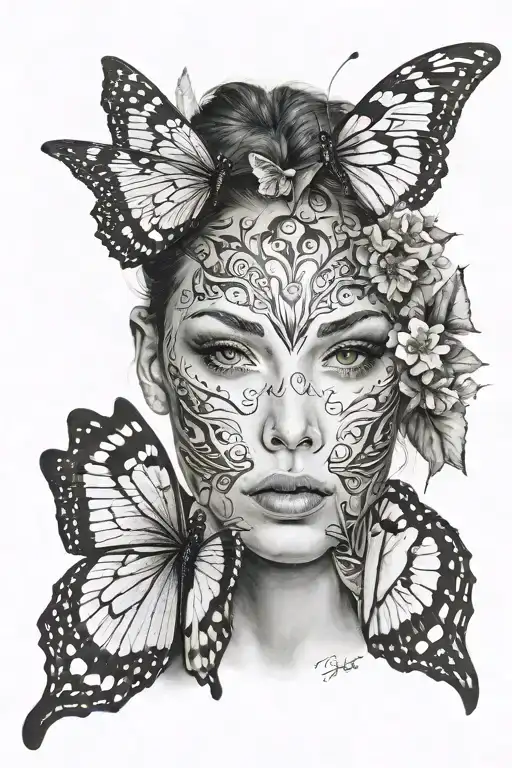 woman face covered with a butterfly wings tattoo design idea