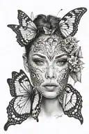woman face covered with a butterfly wings tattoo design idea