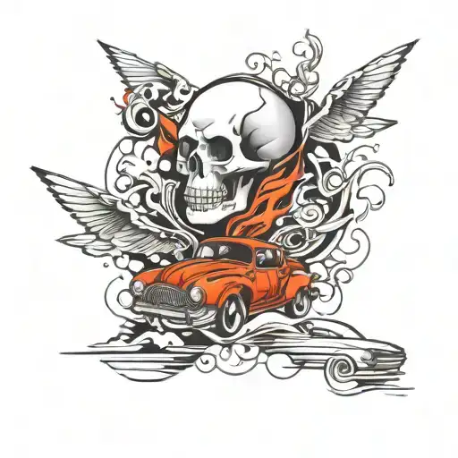skull and car drifting tattoo design idea