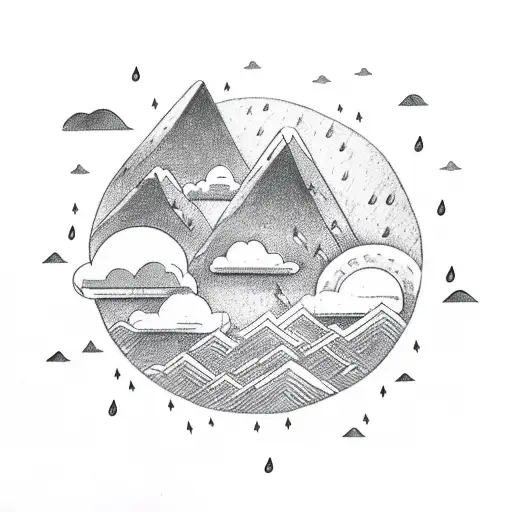 thunder cloud, lightning bolt and rain with sun behind, over a mountainous region above an open book tattoo design idea