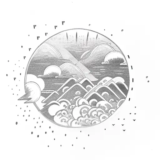 thunder cloud and rain with sun behind, over a mountainous region above an open book tattoo design idea