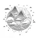 thunder cloud, lightning bolt and rain with sun behind, over a mountainous region above an open book tattoo design idea