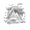 thunder cloud, lightning bolt and rain with sun behind, over a mountainous region above an open book tattoo design idea