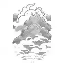 thunder cloud, lightning bolt and rain with sun behind, over a mountainous region above an open book tattoo design idea