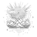 thunder cloud, lightning bolt and rain with sun behind, over a mountainous region above an open book tattoo design idea