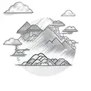 thunder cloud and rain with sun behind, over a mountainous region above an open book tattoo design idea