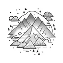 thunder cloud, lightning bolt and rain with sun behind, over a mountainous region above an open book tattoo design idea