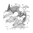 thunder cloud, lightning bolt and rain with sun behind, over a mountainous region above an open book tattoo design idea