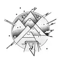 thunder cloud, lightning bolt and rain with sun behind, over a mountainous region above an open book tattoo design idea