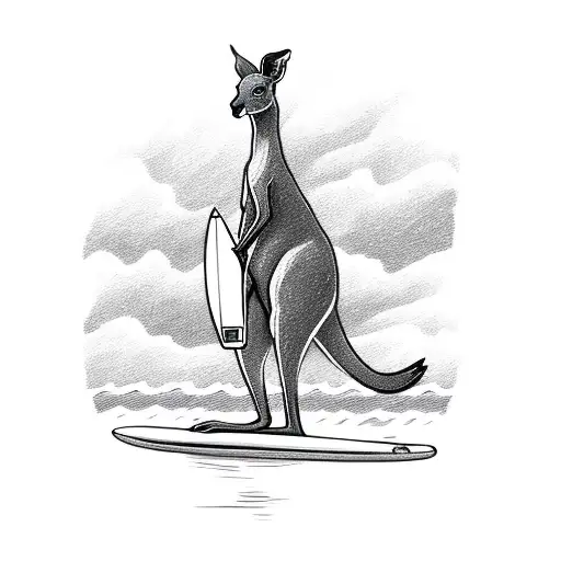 The kangaroo is standing on a beach, holding a surfboard in its paws. The kangaroo is facing the ocean, and it is lookin tattoo design idea