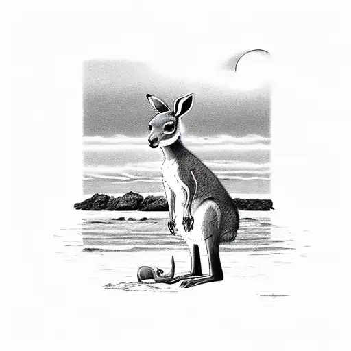 The kangaroo is standing on a beach, facing the ocean. The sun is just starting to rise, and the sky is a beautiful shad tattoo design idea