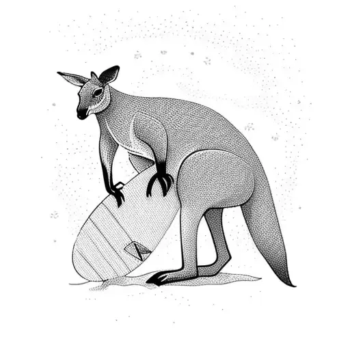 The kangaroo is standing on a beach, holding a surfboard in its paws. The kangaroo is facing the ocean, and it is lookin tattoo design idea