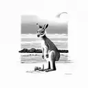 The kangaroo is standing on a beach, facing the ocean. The sun is just starting to rise, and the sky is a beautiful shad tattoo design idea
