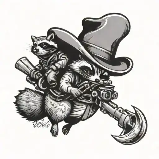 cowboy  Racoon riding a goose with a rocket launcher being fired tattoo design idea