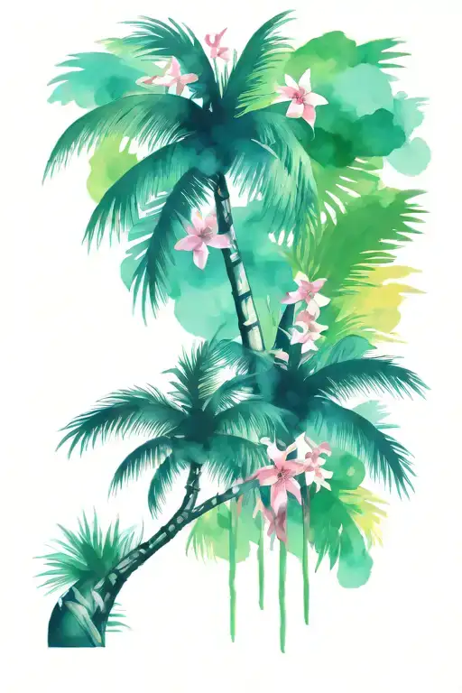palm trees tropical flowers cancer ribbon wrapped tattoo design idea