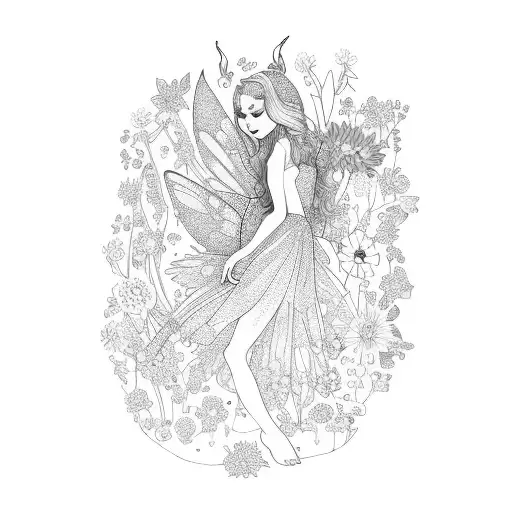 A fairy surrounded by a garden of vibrant flowers, representing the beauty and magic of nature tattoo design idea