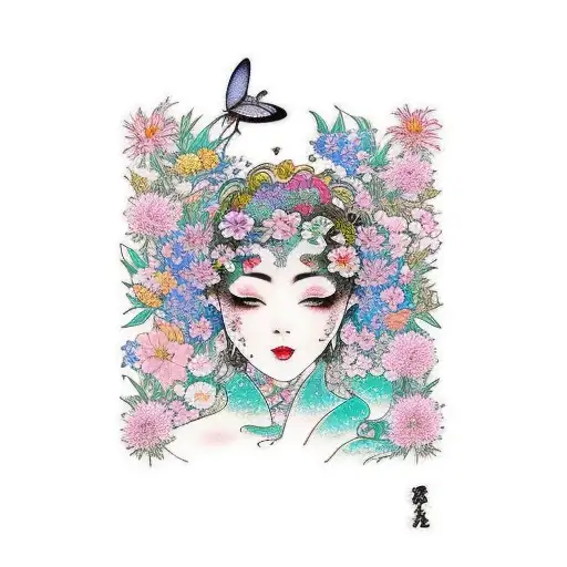 A fairy surrounded by a garden of vibrant flowers, representing the beauty and magic of nature tattoo design idea