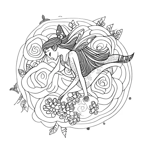 A fairy surrounded by a garden of vibrant flowers, representing the beauty and magic of nature tattoo design idea
