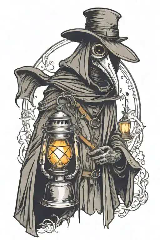 Plague Doctor holding lantern shining light tattoo design idea