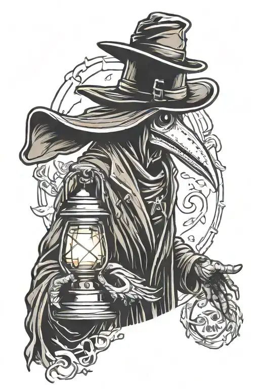 Plague Doctor holding lantern shining light tattoo design idea