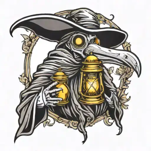 plague doctor holding sycthe and lantern tattoo design idea