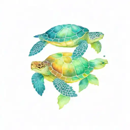 Mother turtle with three babies in underwater world with other sea creatures. tattoo design idea