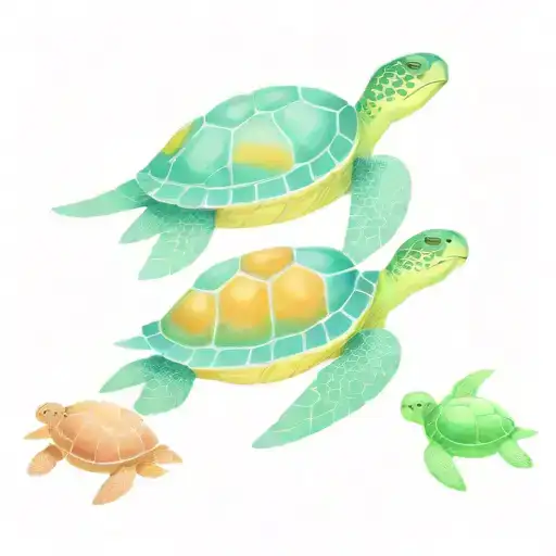 Mother turtle and 3 babies with other sea creatures. tattoo design idea