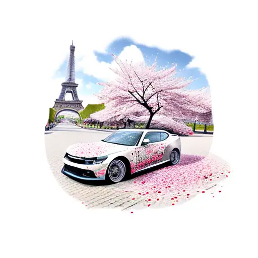 A drifting car leaving a trail of cherry blossom petals in Paris tattoo design idea