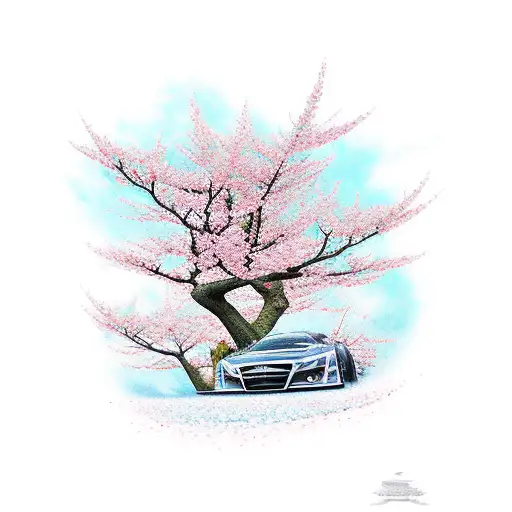A drifting car leaving a trail of cherry blossom petals in Paris tattoo design idea