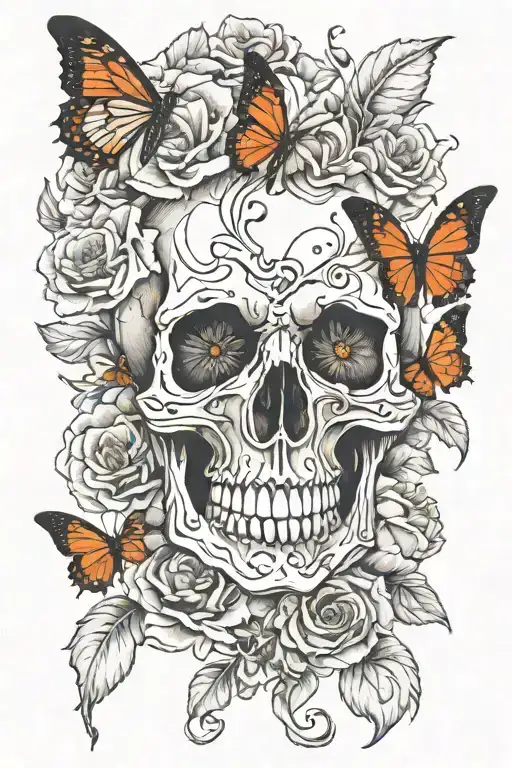 poppy skull hand cardinal butterfly  tattoo design idea