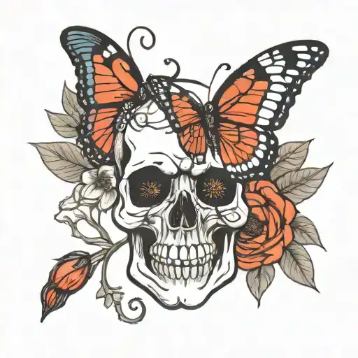 poppy skull hand cardinal butterfly  tattoo design idea