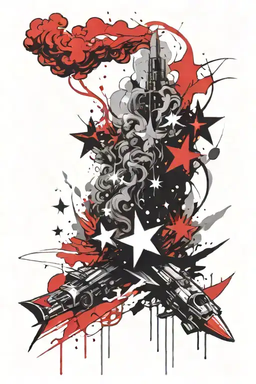 smoke rising, shooting star, opposite side has a dark figure in the smoke with red eyes tattoo design idea