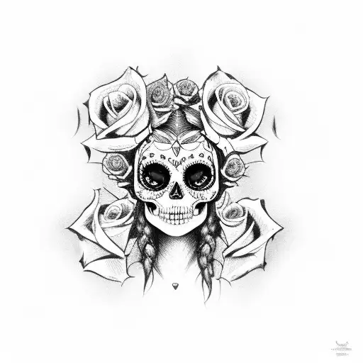 female gypsy skull side view with hair and three roses tattoo design idea