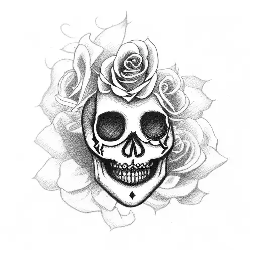female gypsy skull looking left with hair and three roses tattoo design idea