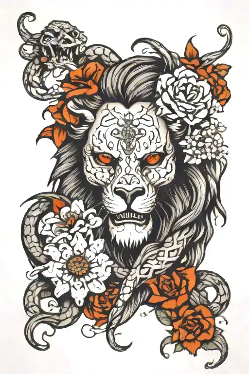 lion, armour of God, snake, broken chain, flowers in skull, circles tattoo design idea