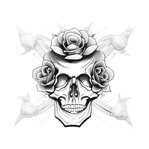 skull with blue and roses: infinity logo formed with barbed wired tattoo design idea
