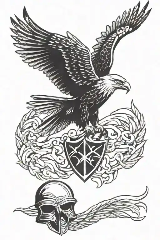Achilles red helmet and eagle soaring tattoo design idea