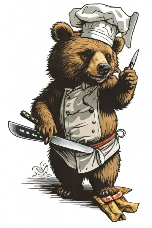 A sarcastic cheeky bear who is a chef holding a chef knife tattoo design idea