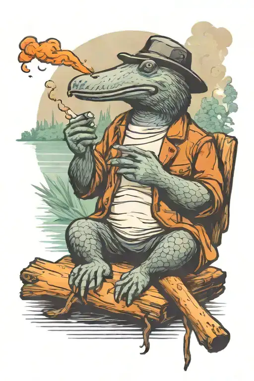 Relaxed platypus, sitting on a log by a river, smoking a large cigarette while the world burns around it.  tattoo design idea