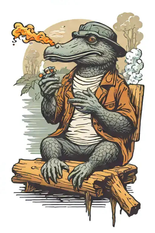 Relaxed platypus, sitting on a log by a river, smoking a large cigarette while the world burns around it.  tattoo design idea