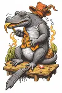Relaxed platypus, sitting on a log, smoking a cigarette while the world burns around it tattoo design idea