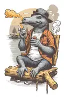 Relaxed platypus, sitting on a log by a river, smoking a large cigarette while the world burns around it.  tattoo design idea