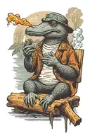 Relaxed platypus, sitting on a log by a river, smoking a large cigarette while the world burns around it.  tattoo design idea
