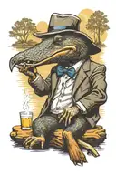 Relaxed platypus, sitting on a log by a river, smoking a large cigarette while the world burns around it.  tattoo design idea
