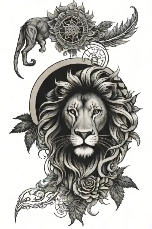 Create a forearm sleeve tattoo with a crescent moon, all-seeing eye, lion, mandala, and marijuana. tattoo design idea